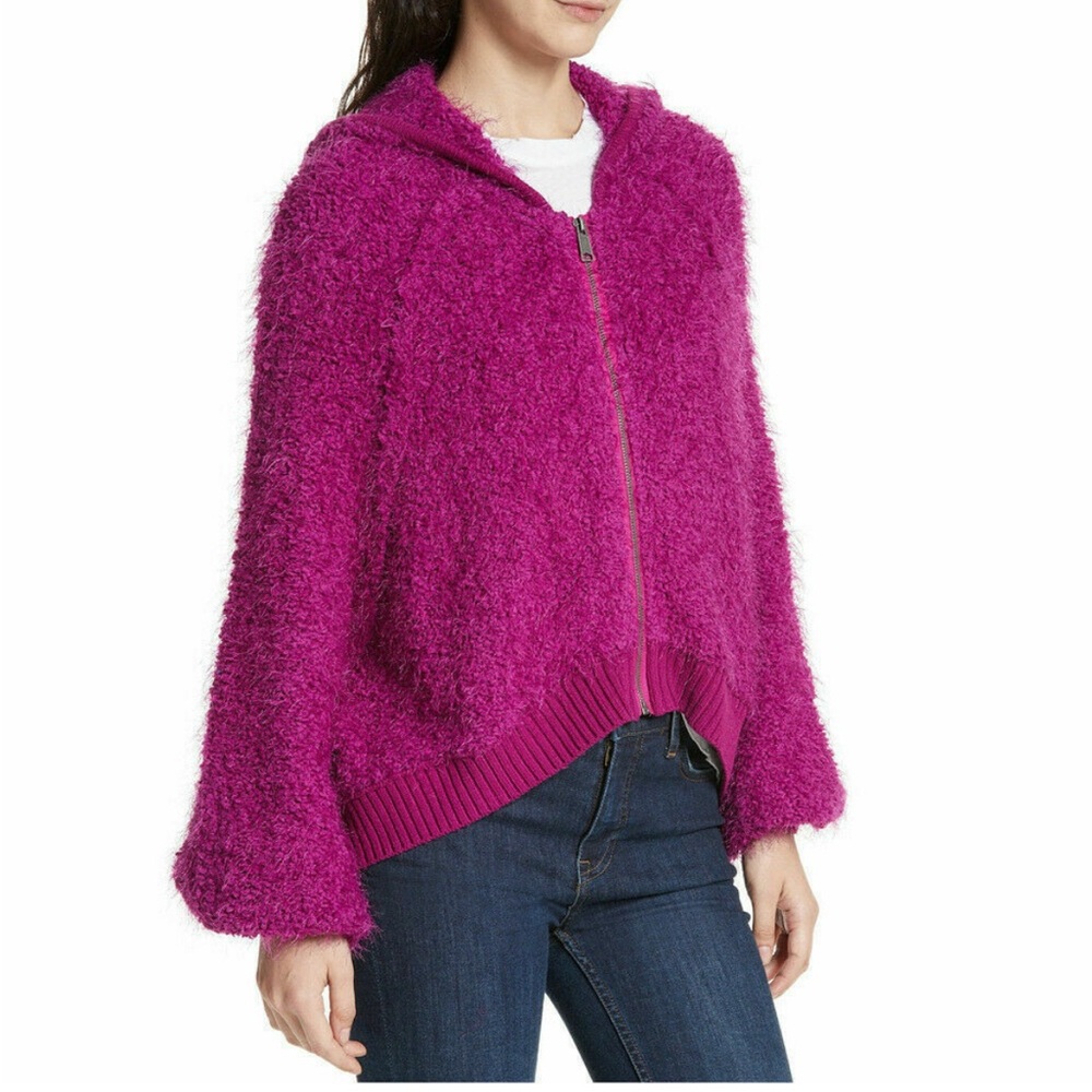 FREE PEOPLE Pink Furry Time Boucle Hooded Zip Front Jacket